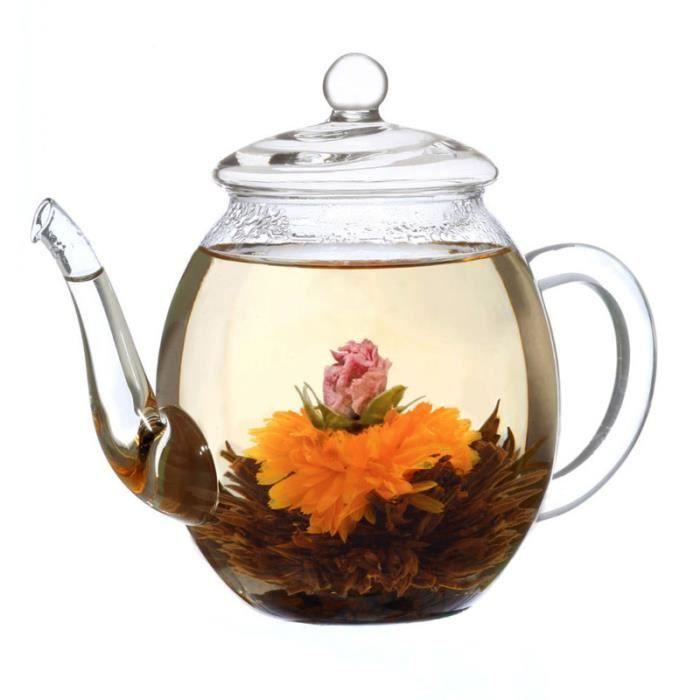 CREANO Tea Flowers - Coffret cadeau thé fleuri avec pot en verre de 500ml dans une boîte en bois - 6 roses de thé noir