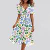Women's Summer Floral Printed Casual Wrap V Neck Ruffled Hood Short Sleeves Belt A-Line Ruffle Hem Midi Sundress