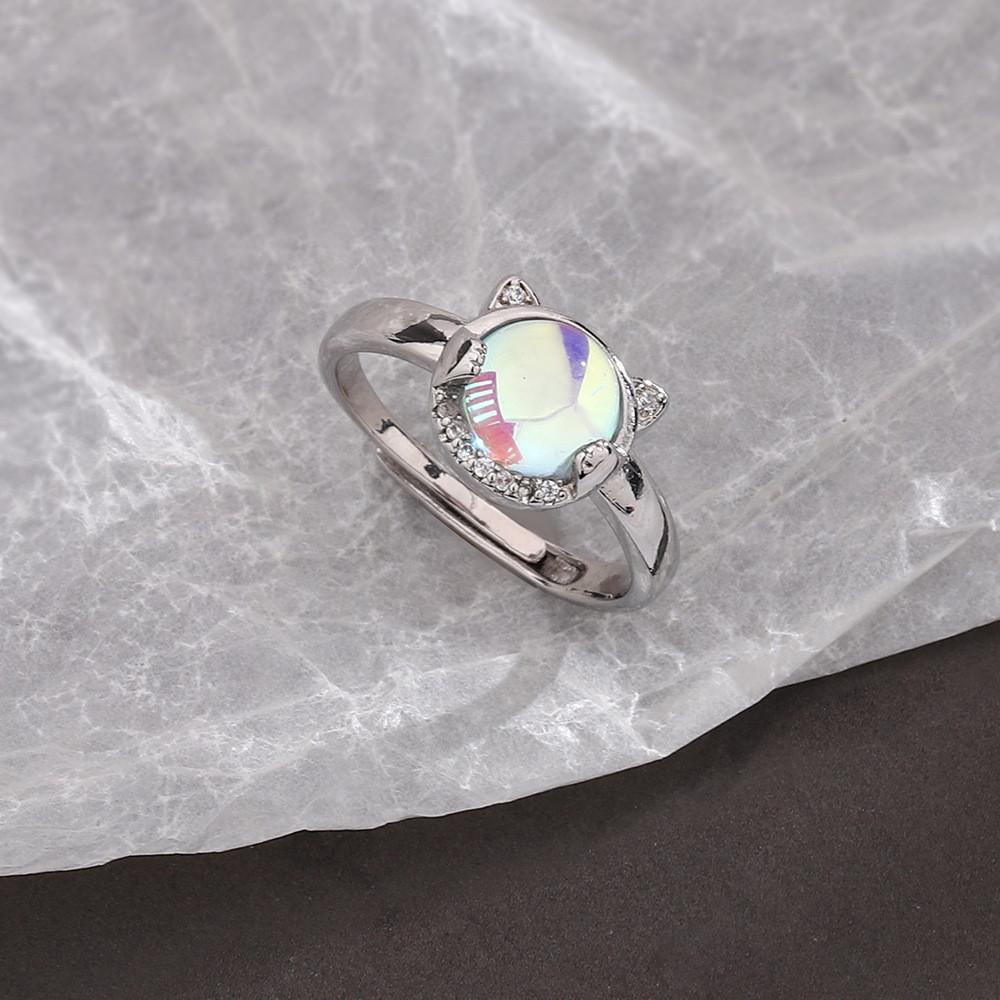 Elegant And Simple Copper Cat Ring With Rainbow Moonstone Fashionable Accessory Hand