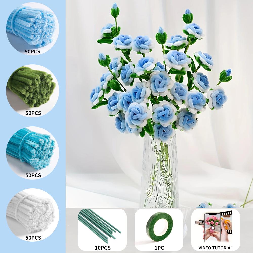 211 Mehrköpfiges Rosen-Pfeifenreinigerset, bestehend aus 200 Pfeifenreinigern, 10 Blumendrahtstielen, 1 Rolle Klebeband, verbessertes DIY-Bastelset