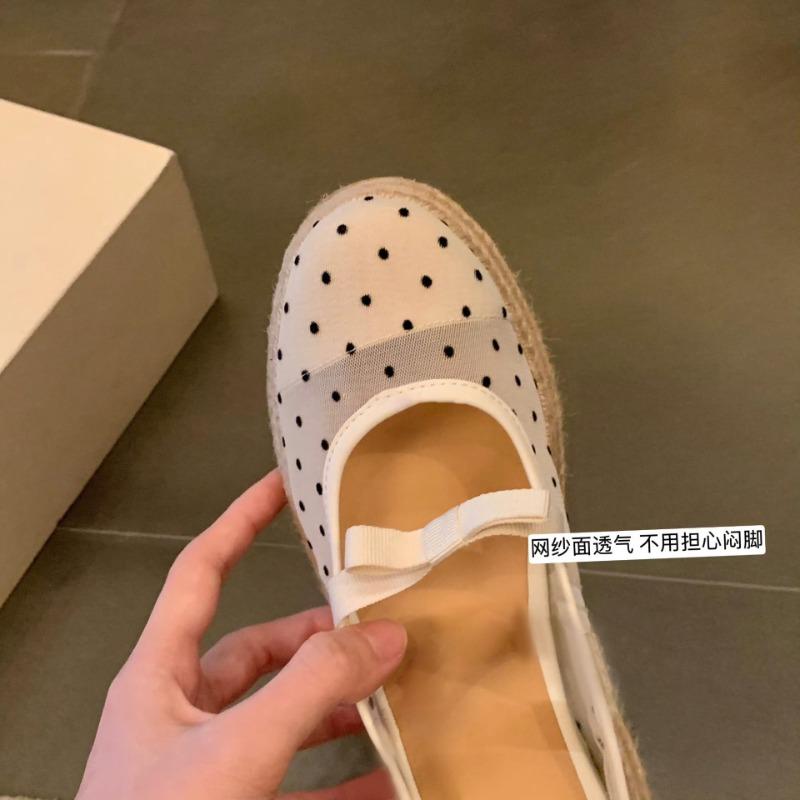 Sheepskin Version~ Polka Dot Bow Mesh Straw Woven Sandals Women's Summer Mesh Thick-soled Half-slippers Wedge Heel High-heeled Sandals