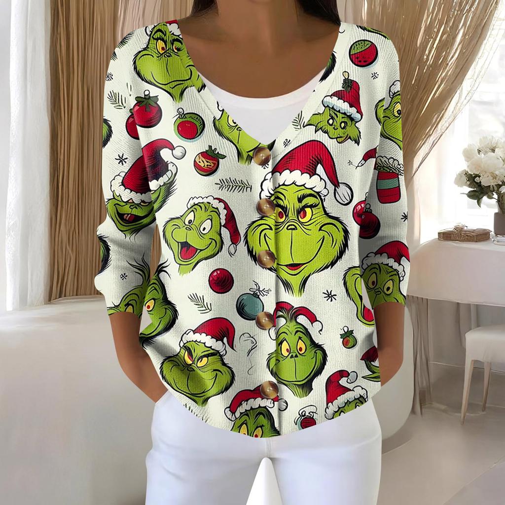 Women's Fashion Long Sleeve Christmas Snowman Snowflake Print Jacket Cardigan