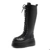 Fashion Side Zipper 8 Cm Platform Women Boots Knee High Motorcycle Boots Black Lace Up Long Boots Suede Leather Autumn Winter Shoes