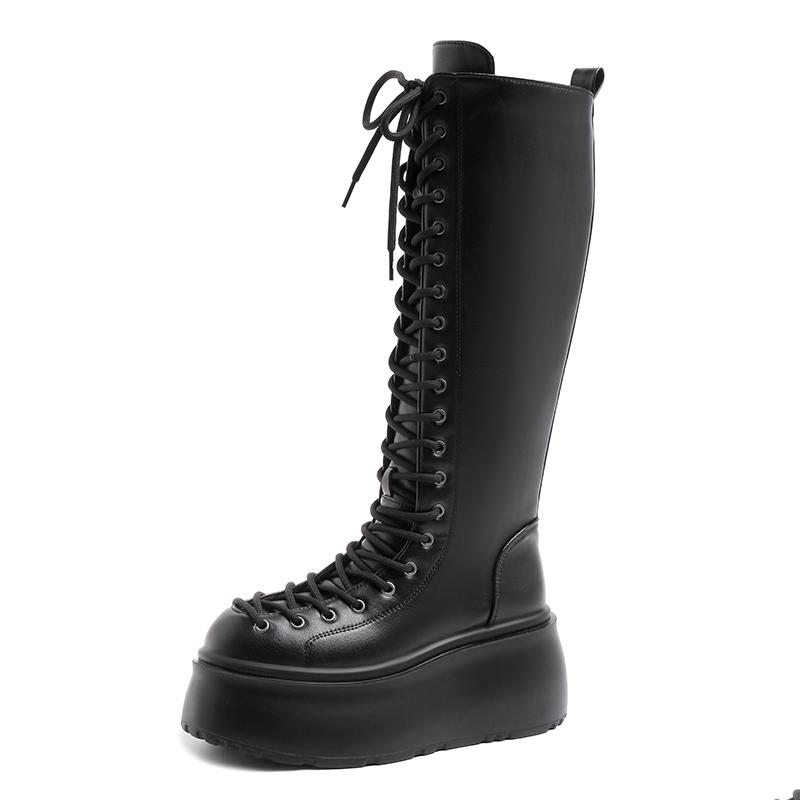 Fashion Side Zipper 8 Cm Platform Women Boots Knee High Motorcycle Boots Black Lace Up Long Boots Suede Leather Autumn Winter Shoes