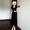 Coffee break French square collar gray dress women's small summer design sense niche slim and thin temperament long dress