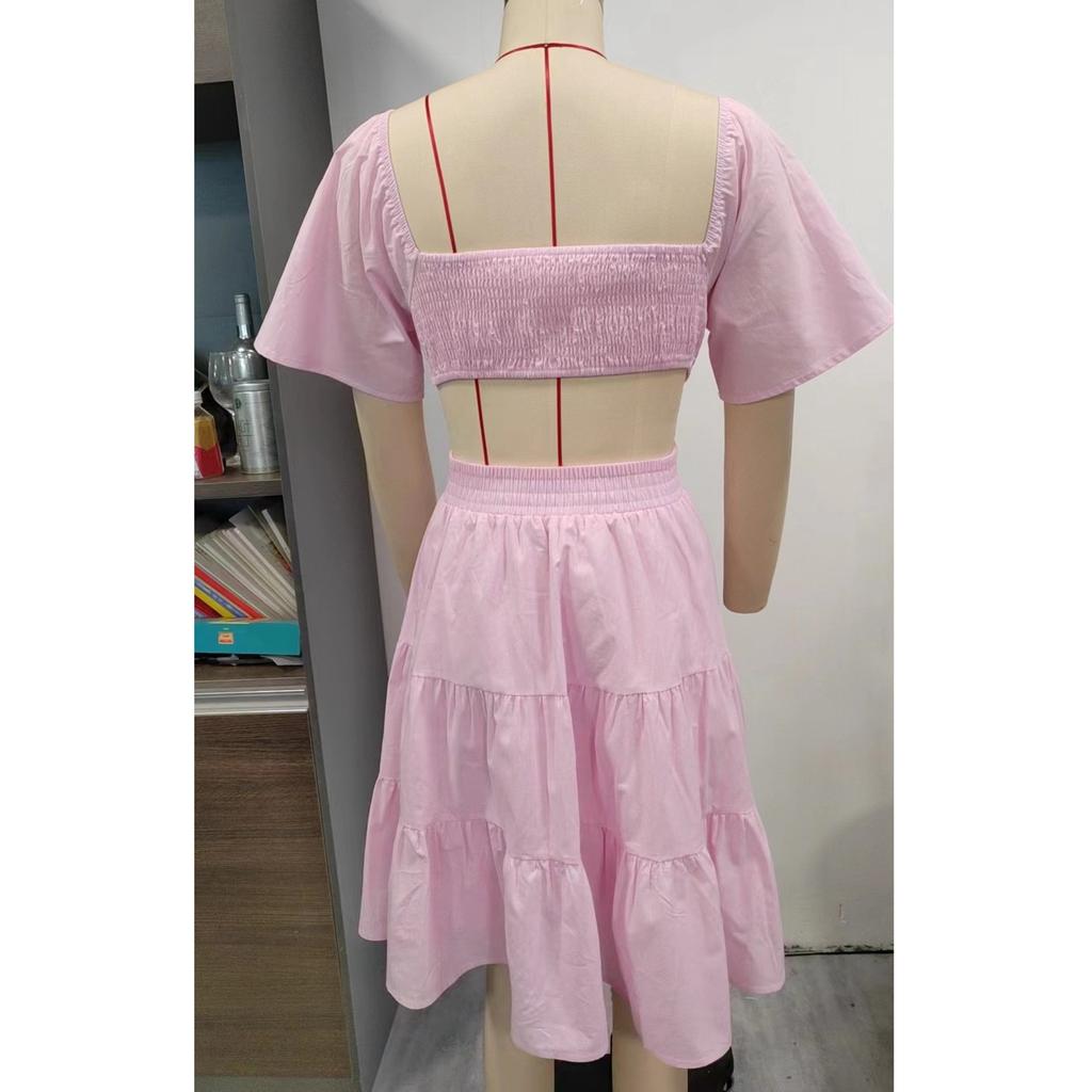 Damenkleid Kurz Glockenärmel Rüschensaum Überkreuzte Taille Ausgeschnittener Rücken Gekräuselt Sommerkleid Leicht