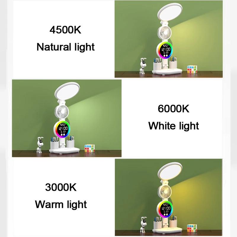 Dobíjecí stolní lampa na studium, Stolní lampa Světlo na čtení LED stolní světlo s ventilátorem, LED displej hodin Lampa na čtení