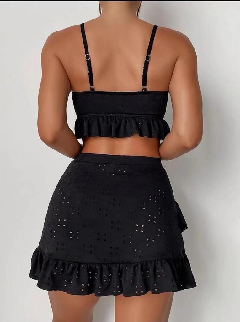 Maillot de bain trois pièces pour femme Couleur unie Volant Lacets Taille haute Bikini sexy Maillot de bain deux pièces Vêtements de plage