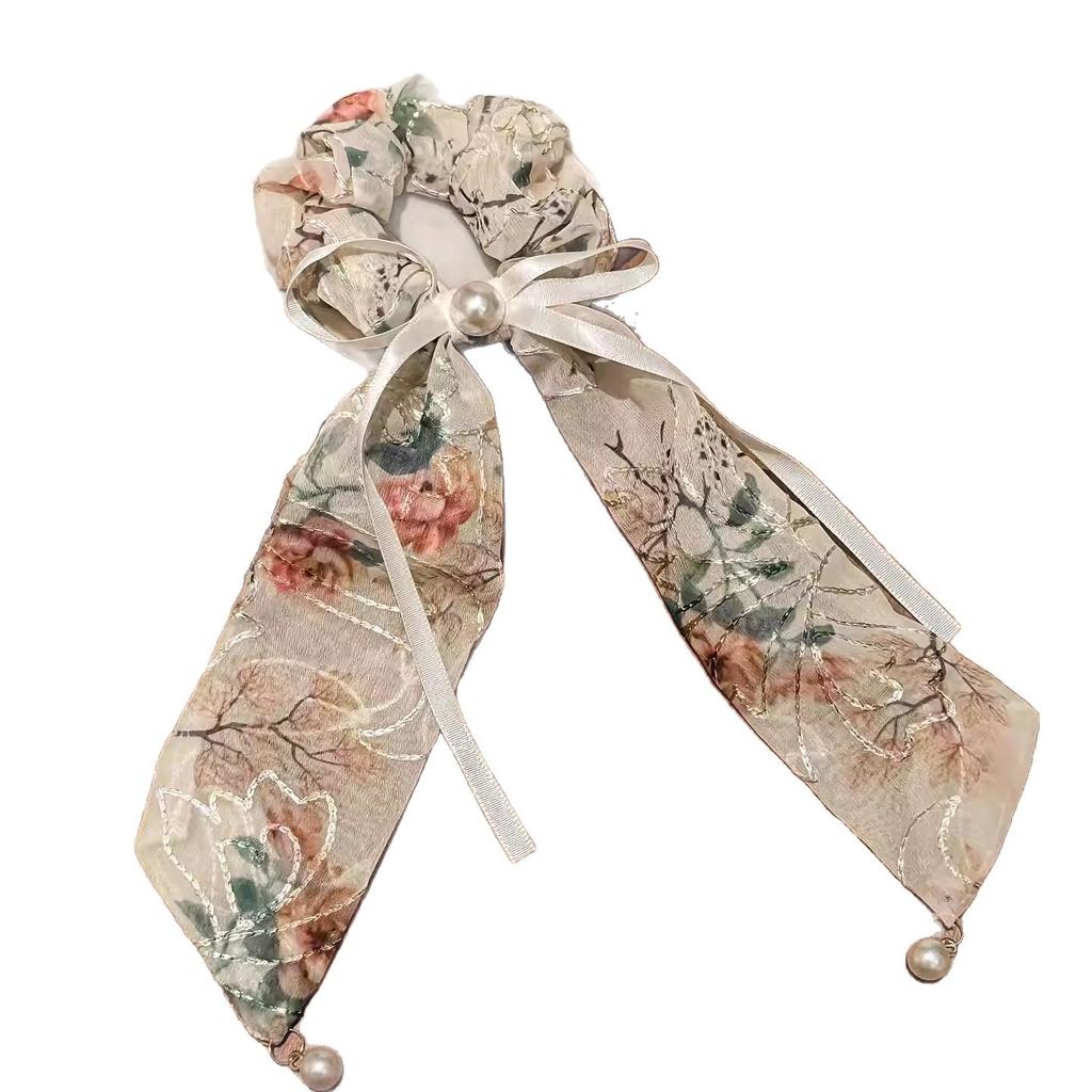 Chinese embroidery floral bow streamer hair band female Korean version pearl tie headrope large intestine hair band
