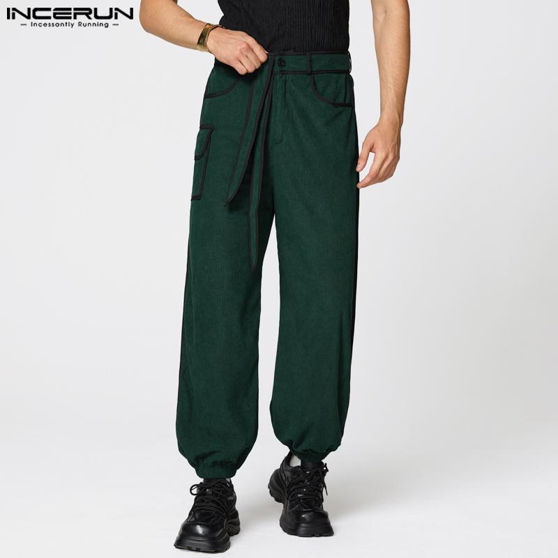 INCERUN Autumn Men Casual Zip-up Waist Stitching Lace-up Corduroy Long Harem Pants Trousers 