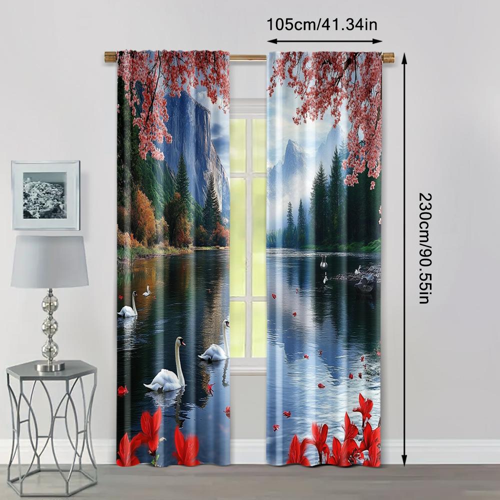 2pc,  Window Treatment Curtains The Picturesque Forest_ Swan Lake_ Seagulls_ Fish_ and Red Blooming Flower Party Blackout