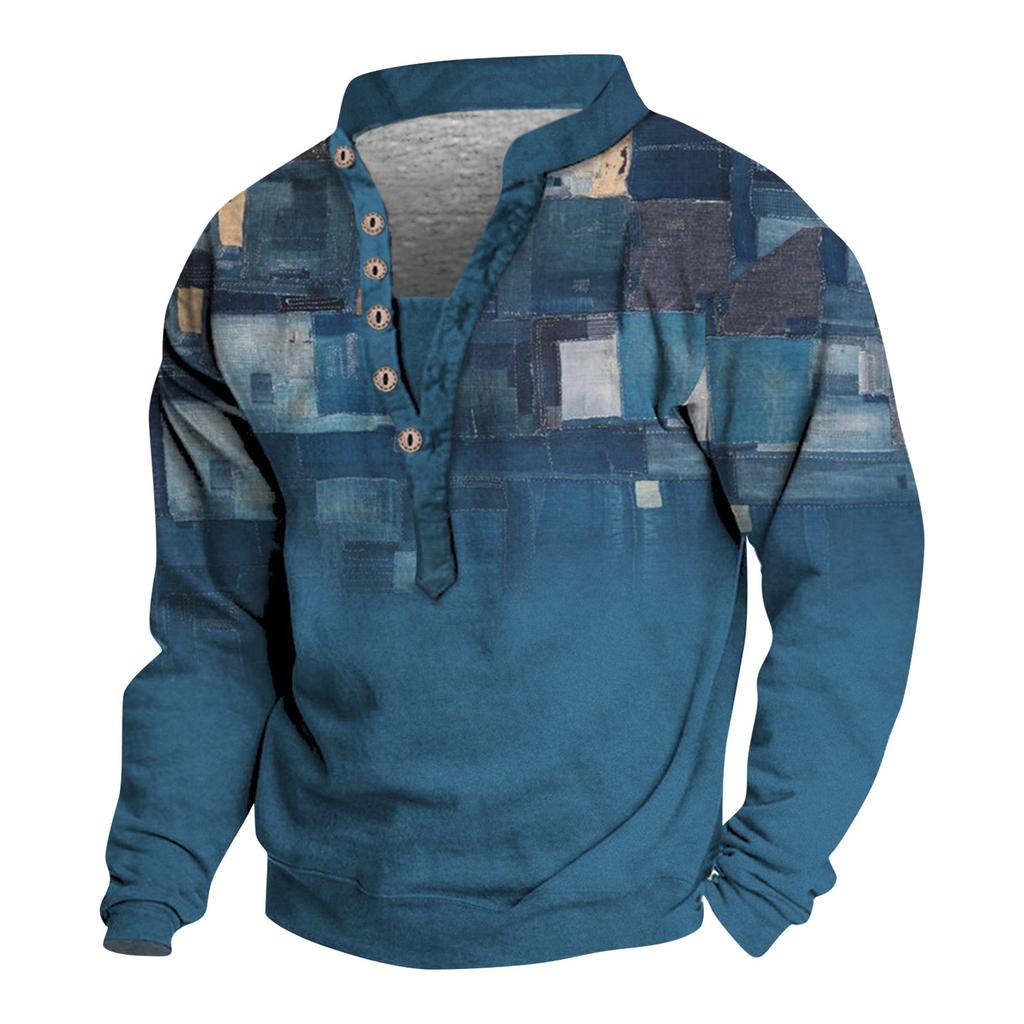 Pullover mit V-Ausschnitt für Herren, 3D-Digitaldruck, Stehkragen, 6 Knöpfe, Vintage-Kragen