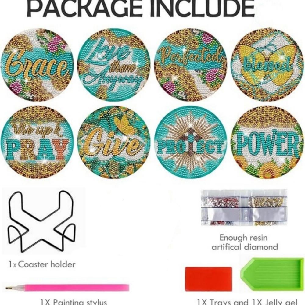 8 Pieces/set of Diamond Letter Patterned Coasters, DIY Coasters with Holder, Suitable for Beginners and Adults, Art and Craft Supplies Gifts