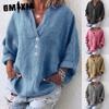 Women's Fashion Casual Solid Color Print Long Sleeve V Neck Blouses & Shirts