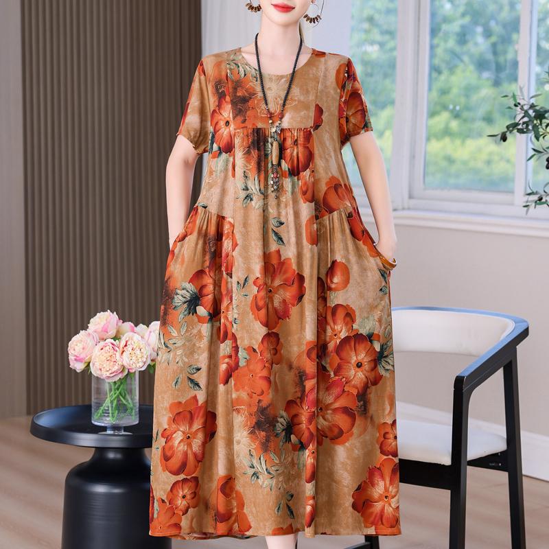 Elegant Long Dress for Women Vintage Clothes Plus Size Casual Short Sleeve Summer Loose Dress