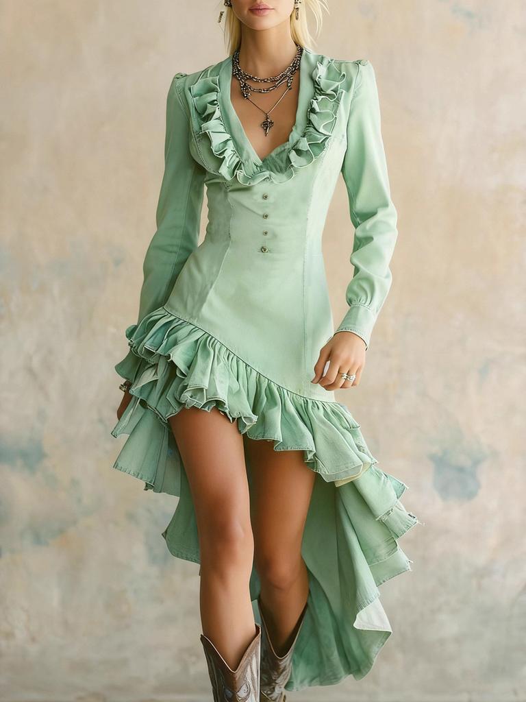 Vintage Western Landhaus Blumen Rüschen Wasch Denim Stoff Kleid für Damen