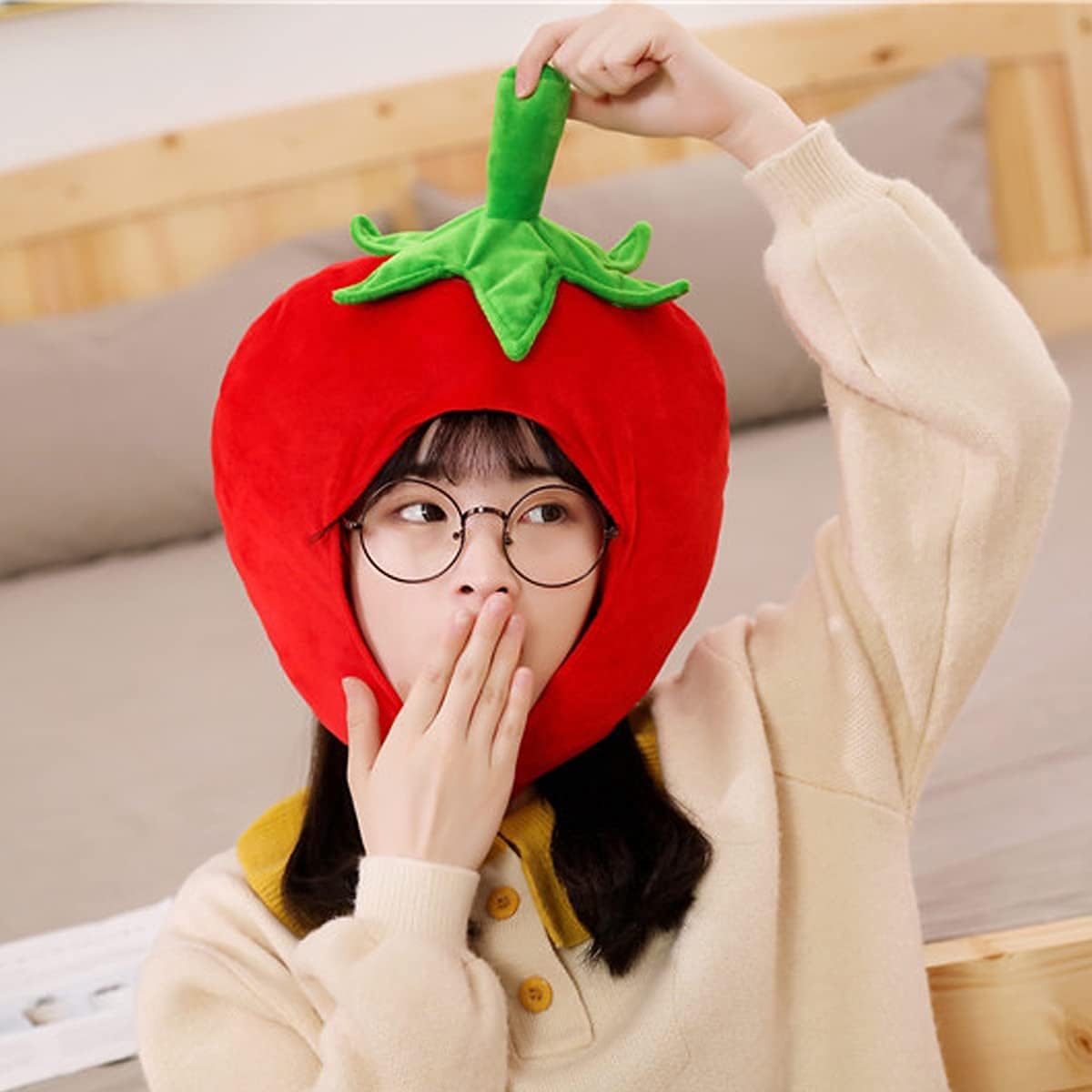 Adult Kids Lovely Tomato Shape Plush Hat Funny Plant Stuffed Toys Headgear Cosplay Party Photo Red
