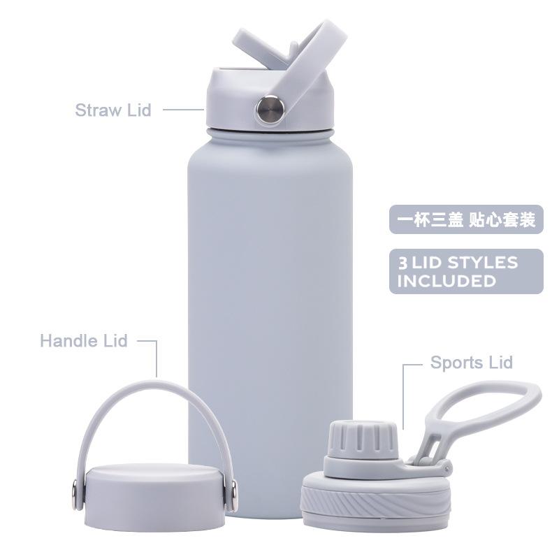 

Stainless Steel Thermos Cup, One Cup With Three Lids And 1L Large-Capacity Water Cup, Portable Outdoor Sports Kettle 1L светло-серый