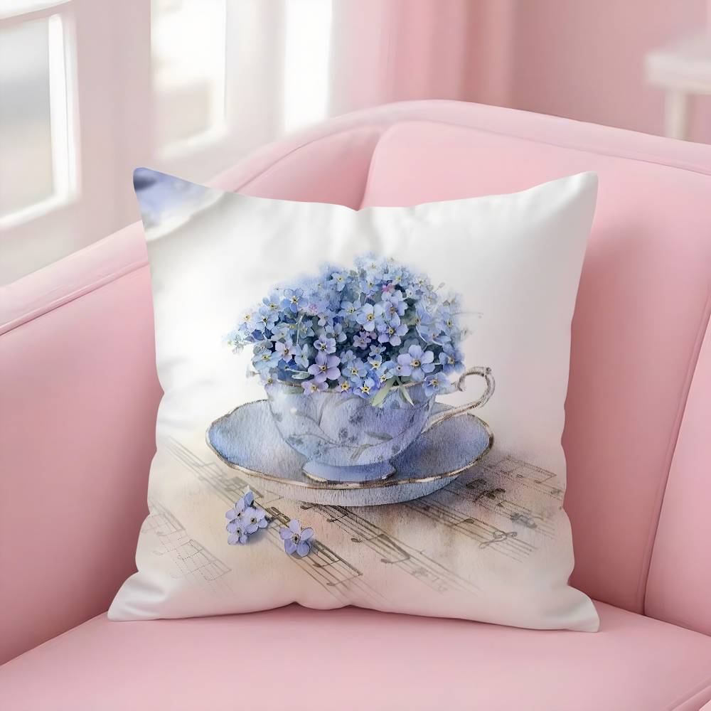 Painting Cup Of Flowers Pillow Case Soft Plush Fabric Double Sided Print Decorative Home Living Room Gift Cushion Cover
