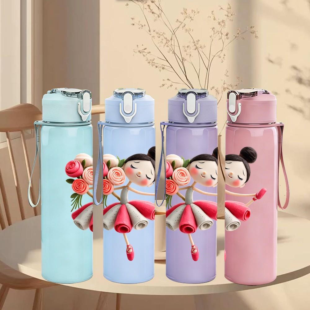 1PC Little Girl Ballet Dance Cartoon Print 750ml Color Plastic Sports Water Bottle Leakproof Flip Straw Lid Suitable for Sports Office Home Use