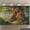 2D Whimsical Tree Library Tapestry, Aesthetic Enchanted Forest Wall Hanging