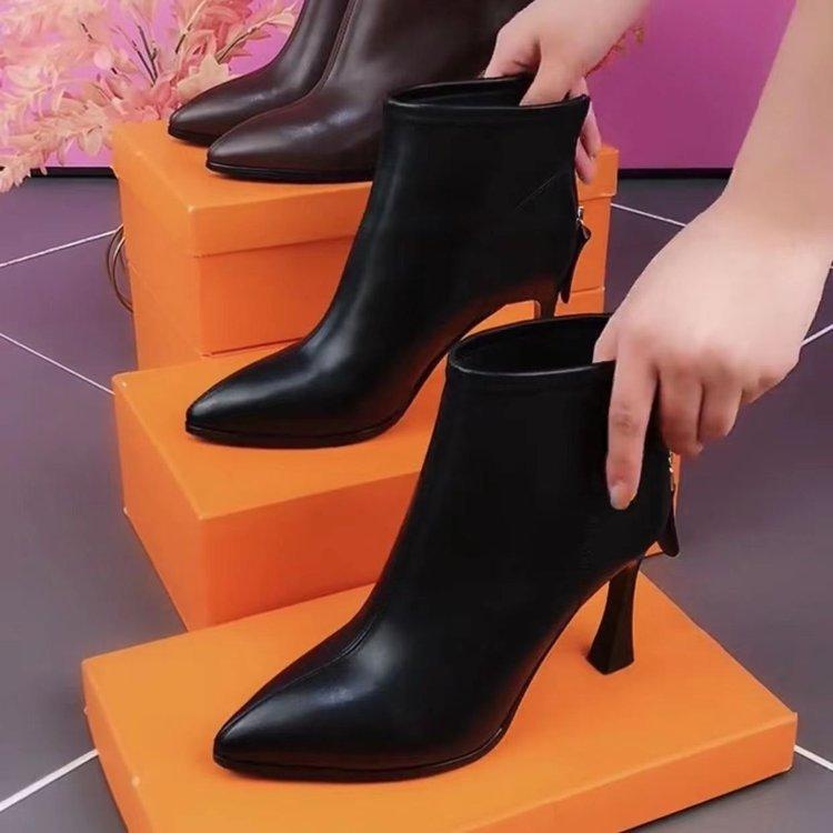 Winter New Comfortable Soft Leather Pointed Temperament Women's Boots Soft Sole Soft Surface Single Boots Autumn and Winter Zipper Short Boots Women
