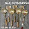 Handcrafted Brass Wok Spatula & Copper Spoon Set with Wooden Handles, Uncoated Raw Brass Utensils for Household Use