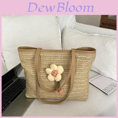Einfache Blumenverzierung Große Kapazität Damen Lässige Grasgewebte Tasche Für Sommerstrand Und Täglichen Weg
