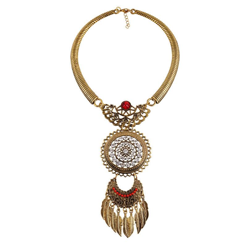 Vintage Geometric Alloy Necklace With Gemstone Leaf Tassel For Women