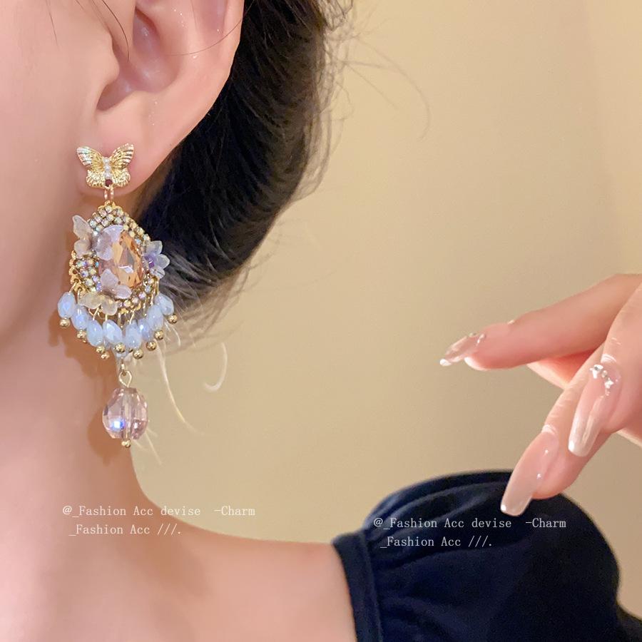 Silver Needle Diamond Butterfly Water Drop Tassel Earrings Court Style Retro Temperament Earrings Niche Premium Earrings