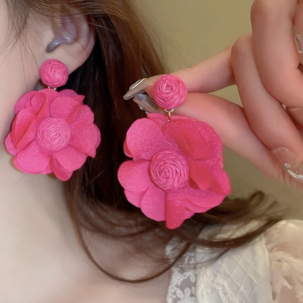 Exaggerated Lafite Chiffon Earrings Boho Style 3D Flower Fabric Earring  Beach Party