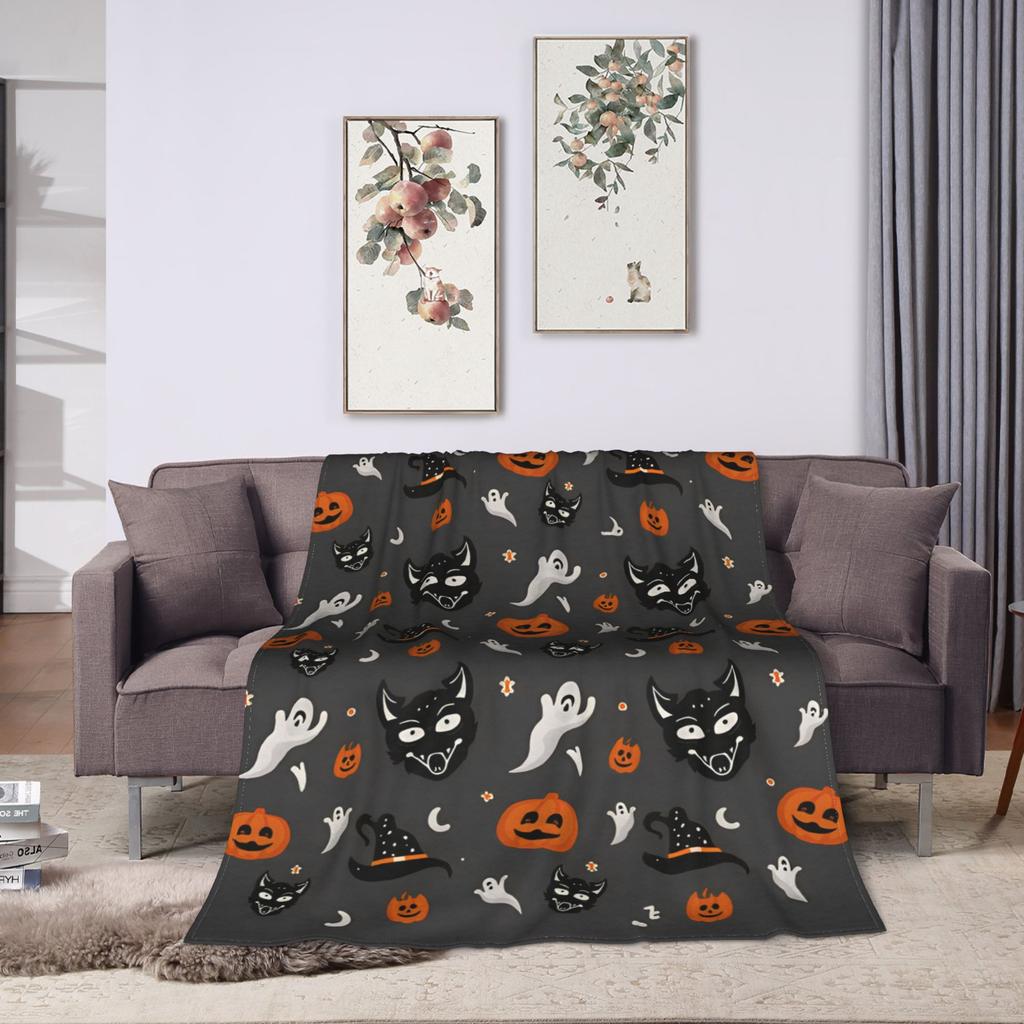 Halloween Blanket Coral Fleece Plush Witch Hat Black Bat Pumpkin Ultra-Soft Throw Blankets for Bedding Office Plush Thin Quilt