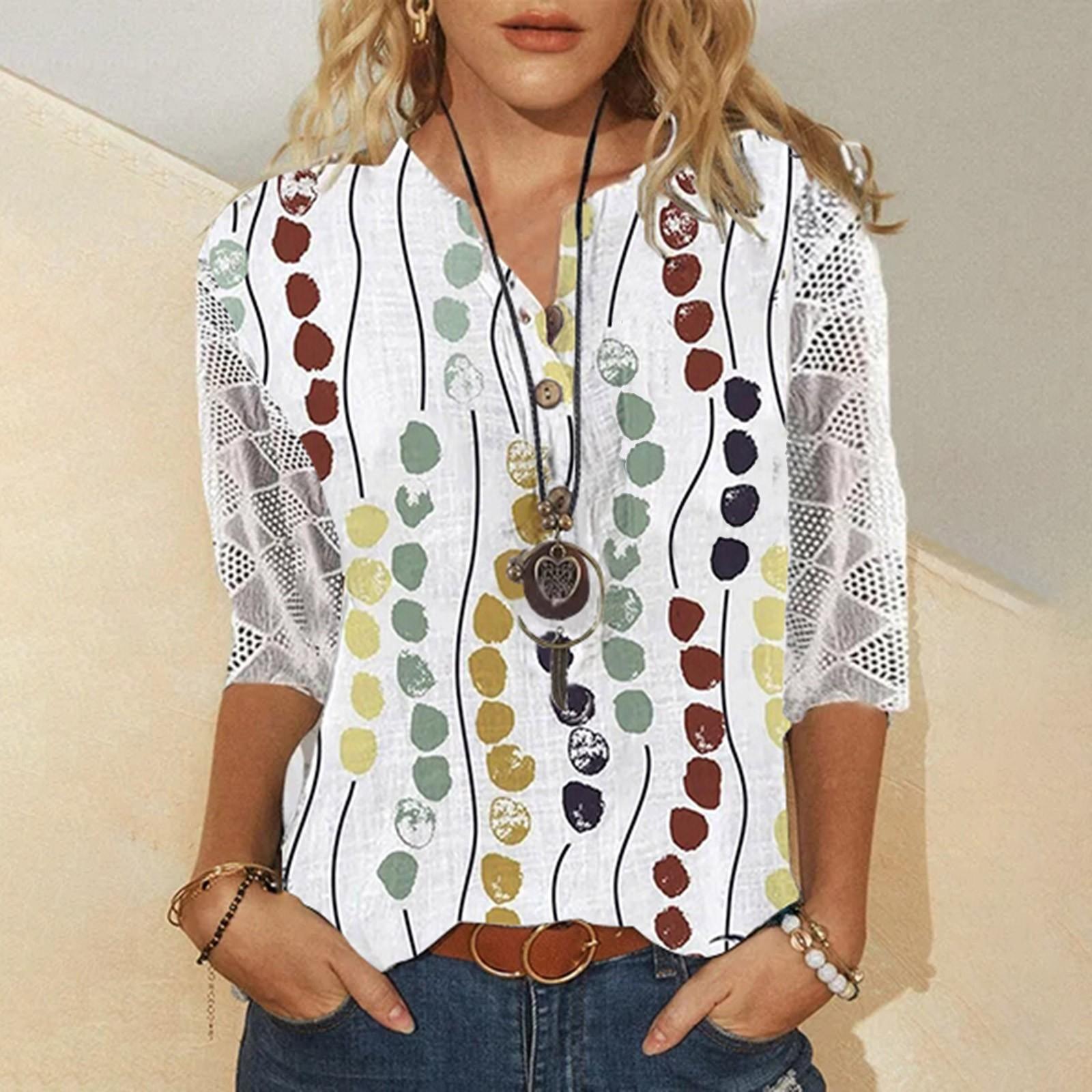 

Женские рубашки с v-образным вырезом и рукавами 3/4, кружевная повседневная блузка с принтом, свободные рабочие туники, топы XXXL жёлтый