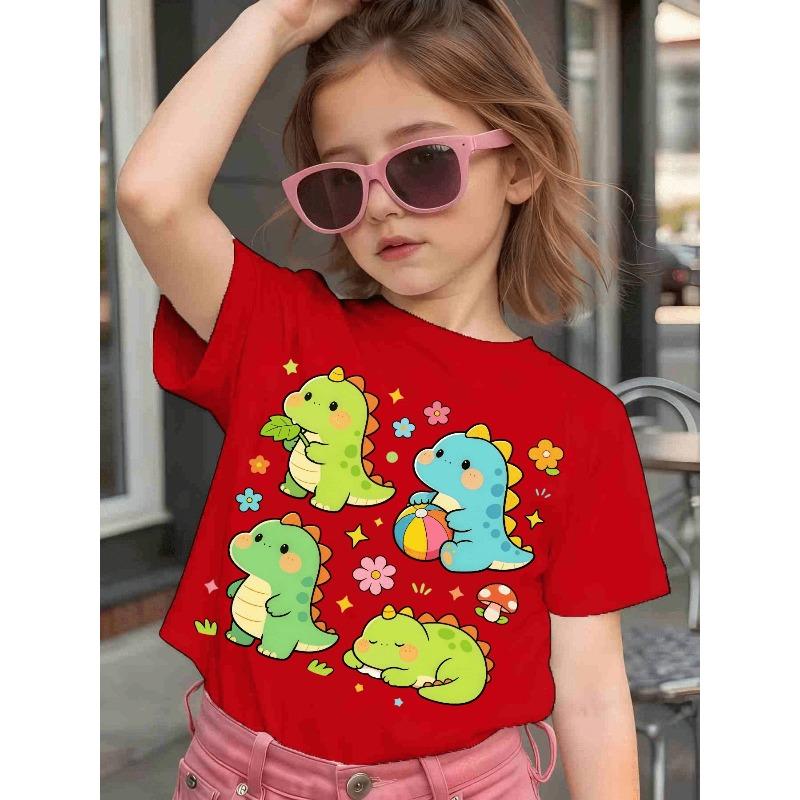 Girls' Short-Sleeve Casual T-Shirt with Cute Cartoon Dinosaur Print for Spring, Summer, and Fall