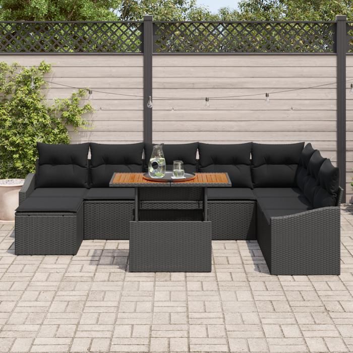 VidaXL Ensemble de salle à manger de jardin en 9 pièces avec coussins en poly rattan noir et acacia 3349876