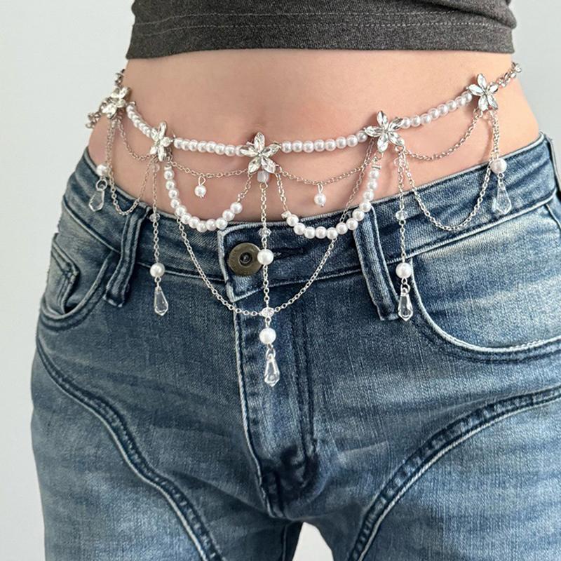 Flower Pearl Tassel Necklace Ladies Sexy Pearl Multi-Layer Body Chain Elegant Waist Chain For Beach Outfit  Accessory