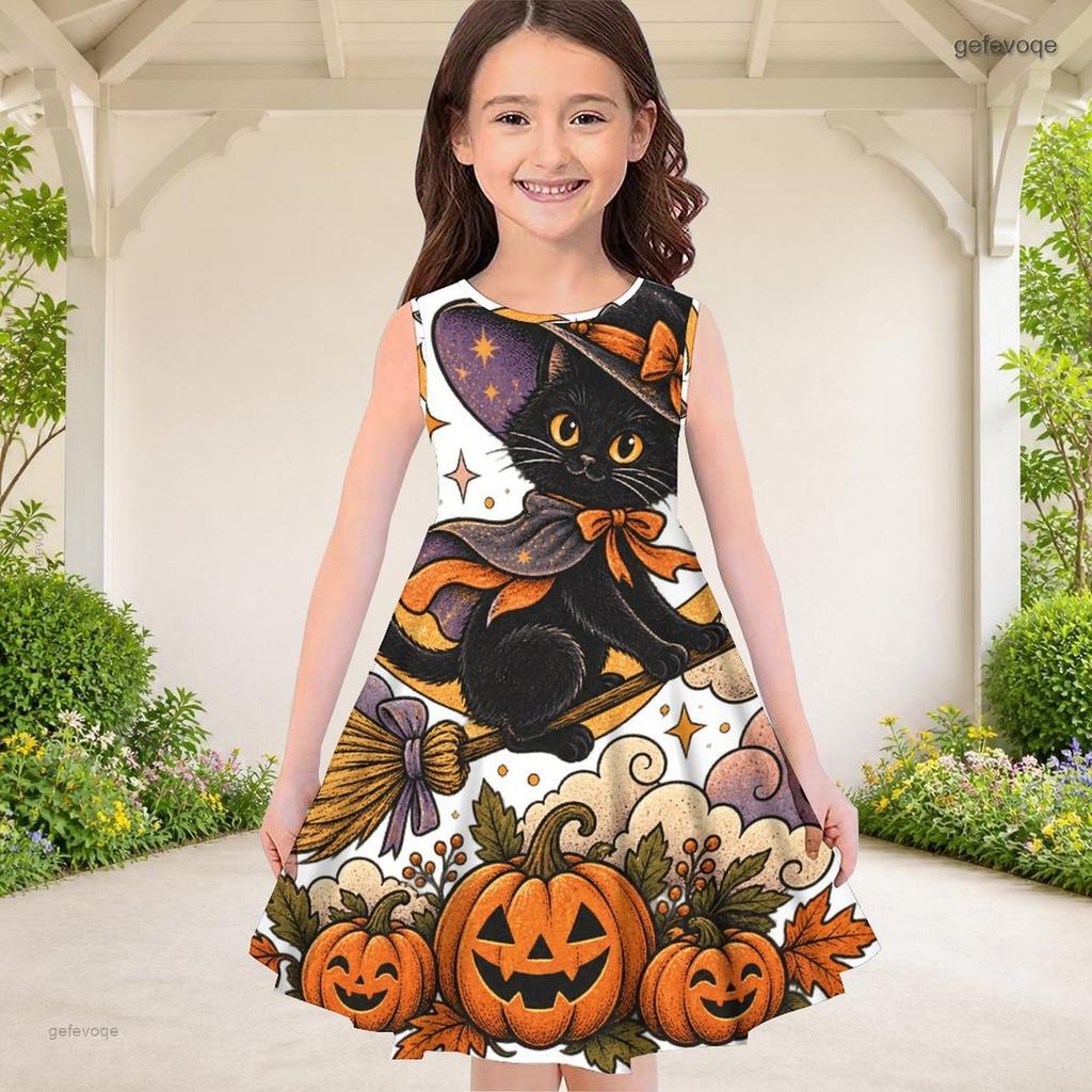 Girls Round Neck Sleeveless A Line Flared Hem Dress Halloween Raccoon Pumpkin Printed