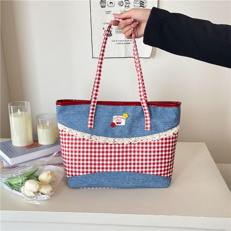 

Lace lace handbag contrasting color plaid handbag large capacity shoulder commuting out tote bag джинсовий синього кольору
