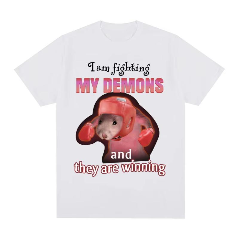 Rolig Jag Kämpar Mot Mina Demoner Och De Vinner Rått-meme T-shirt Unisex Mode Kreativa T-shirts Kortärmad Överdimensionerade T-shirts