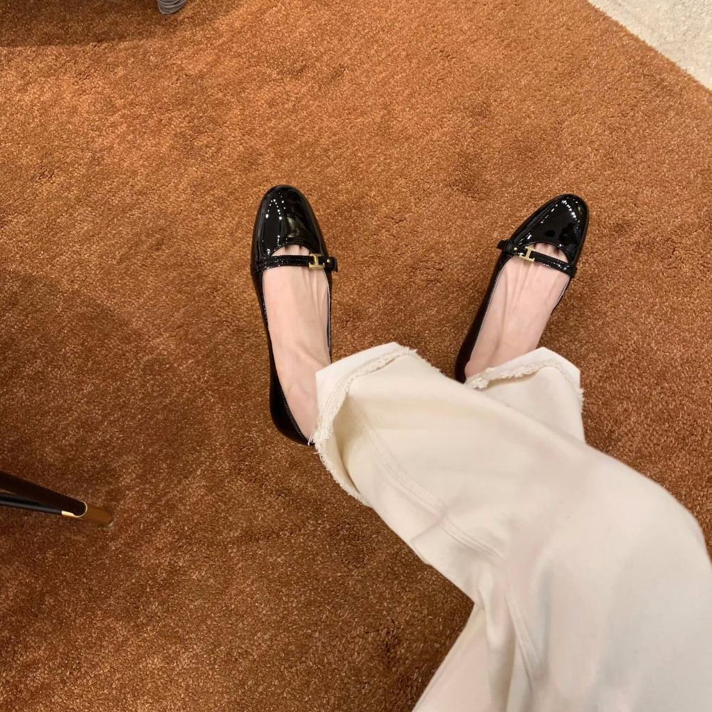 Sheepskin Version~ Letter Small Gold Buckle Shoes Soft-soled Mary Jane Shoes Women's Single Shoes Round Head Shallow Mouth Flat-soled Leather Shoes