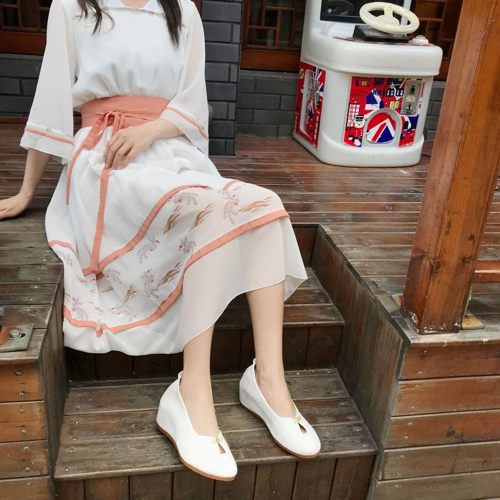High heels, wedge heels, single shoes, Chinese national style cheongsam, Hanfu with horse dress, ancient clothing, solid color, plain cloth shoes, w