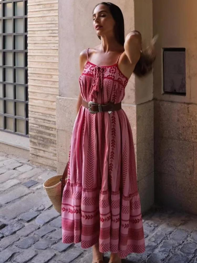 Summer Elegant Loose Sleeveless Sling Dress Women Designer Vintage Natural Off Shoulder Print Dresses Female Fashion Casual Thin Knit Clothing