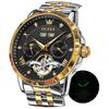 Men's Mechanical Automatic Moonphase Skeleton Watch Waterproof Luminous Black and Gold Stylish