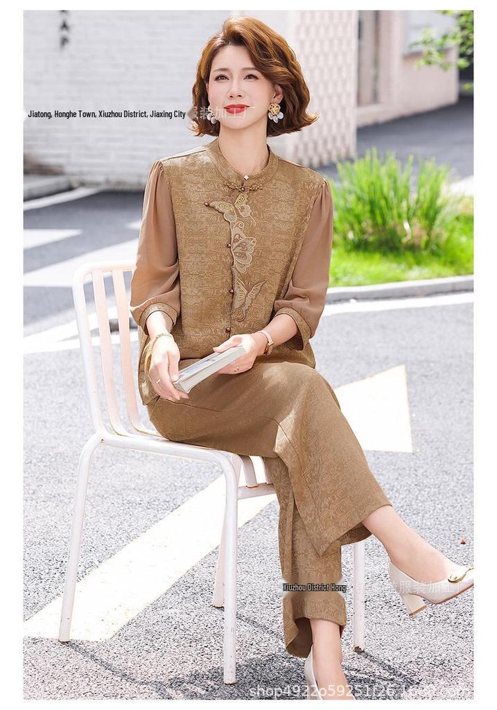 Chiffon Short Sleeve National Style Two-Piece Set for Middle-Aged Women