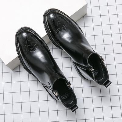 Side Zipper Leather Chelsea Boots Men's Slip On Walking Shoes Fashion Elegantes Ankle Boots Handmade Male Mid-Calf Brogue Shoes