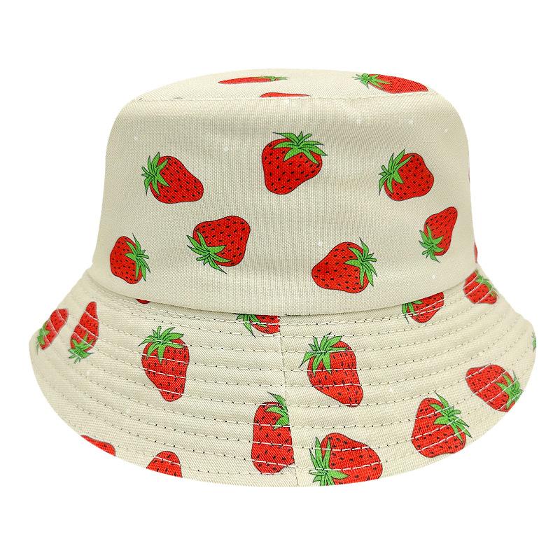 Chapéu de Pescador Criativo de Verão com Estampa de Morango Dupla Face Chapéu de Sol para Praia ao Ar Livre Estilo Coreano Proteção Solar Chapéu de Frutas