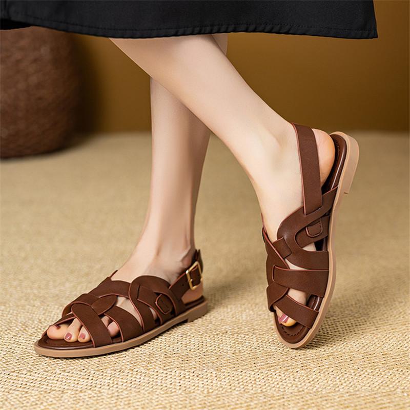Fashion New Summer Sandals Split Leather Round Toe Sandals for Women Fashion Buckle Low Heel Sandals Ladies Shoes Women Gladiator Shoes