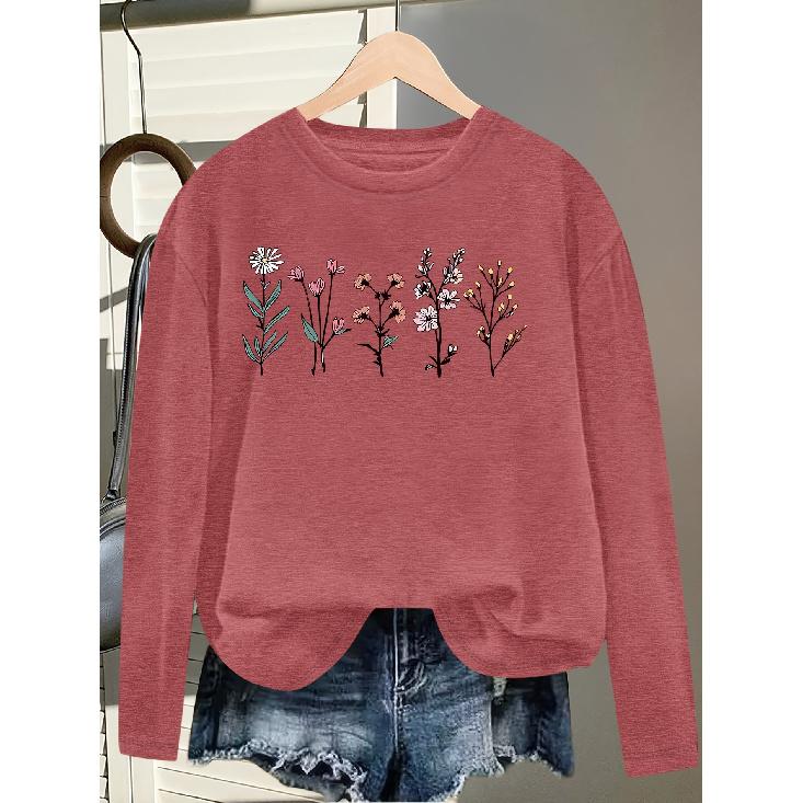 Elegant Long-sleeved Dress for Women Fresh Floral Theme Printed Round-neck Women's Shirt T Shirt Suitable for Spring Wear Summer Autumn