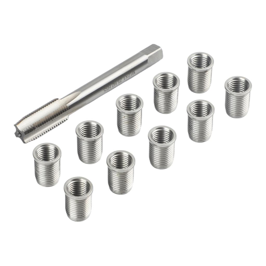 11pcs M10X1.25 Thread Repair Kit with Precision Cut Tap and Galvanized Stainless Steel Inserts for Fixing Damaged Threads