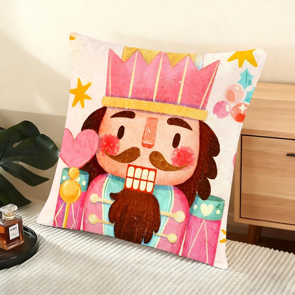 Nutcracker Cartoon Cushion Cover Silky Short Plush Home Sofa Cushion Cover - Invisible Zipper Home Decoration